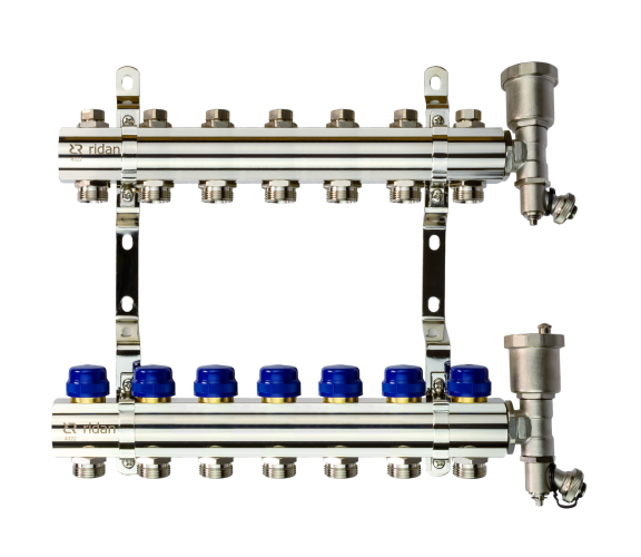 Ridan - 088U0707R - Комплект коллекторов FHF-7R set с кронштейнами и торцевыми секциями с автоматическими воздухоотводчиками, 7 контуров