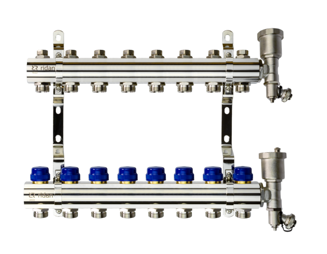 Ridan - 088U0708R - Комплект коллекторов FHF-8R set с кронштейнами и торцевыми секциями с автоматическими воздухоотводчиками, 8 контуров