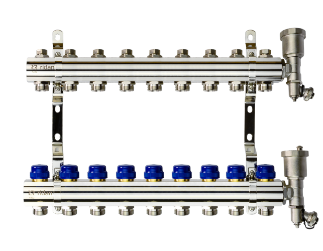 Ridan - 088U0709R - Комплект коллекторов FHF-9R set с кронштейнами и торцевыми секциями с автоматическими воздухоотводчиками, 9 контуров