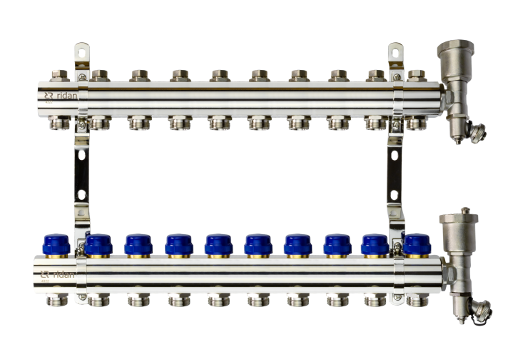 Ridan - 088U0710R - Комплект коллекторов FHF-10R set с кронштейнами и торцевыми секциями с автоматическими воздухоотводчиками, 10 контуров