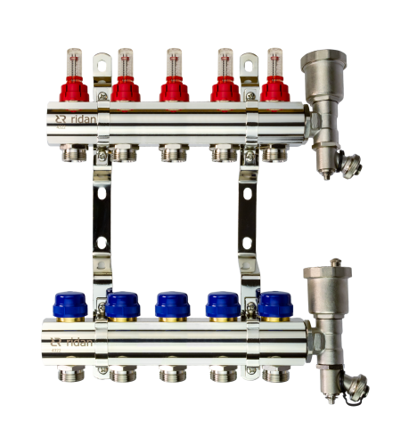 Ridan - 088U0725R - Комплект коллекторов FHF-5RF set с расходомерами, кронштейнами и торцевыми секциями с автоматическими воздухоотводчиками, 5 контуров