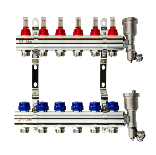 Ridan - 088U0726R - Комплект коллекторов FHF-6RF set с расходомерами, кронштейнами и торцевыми секциями с автоматическими воздухоотводчиками, 6 контуров