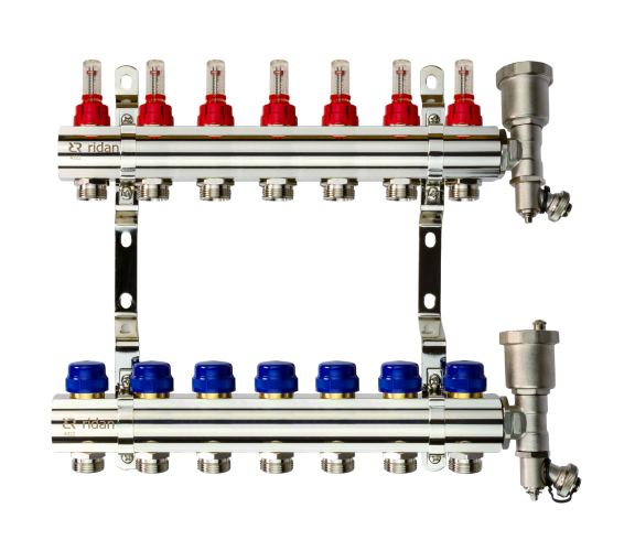 Ridan - 088U0727R - Комплект коллекторов FHF-7RF set с расходомерами, кронштейнами и торцевыми секциями с автоматическими воздухоотводчиками, 7 контуров