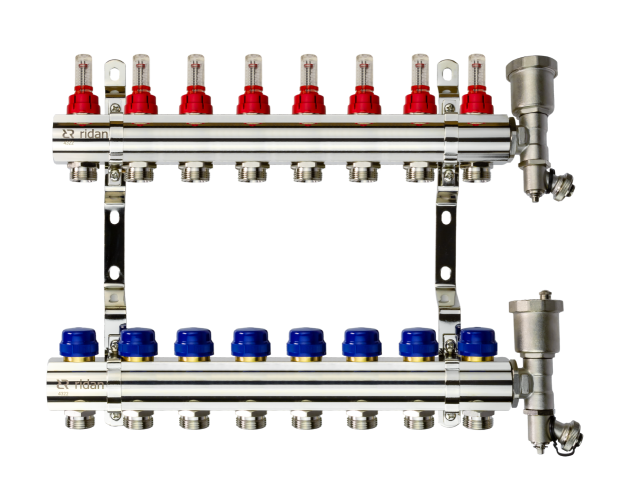 Ridan - 088U0728R - Комплект коллекторов FHF-8RF set с расходомерами, кронштейнами и торцевыми секциями с автоматическими воздухоотводчиками, 8 контуров