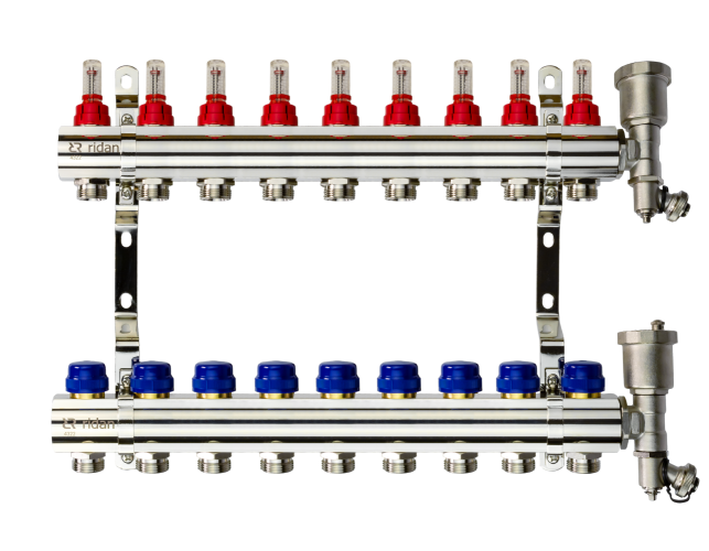 Ridan - 088U0729R - Комплект коллекторов FHF-9RF set с расходомерами, кронштейнами и торцевыми секциями с автоматическими воздухоотводчиками, 9 контуров