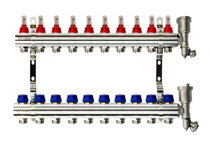 Ridan - 088U0730R - Комплект коллекторов FHF-10RF set с расходомерами, кронштейнами и торцевыми секциями с автоматическими воздухоотводчиками, 10 контуров