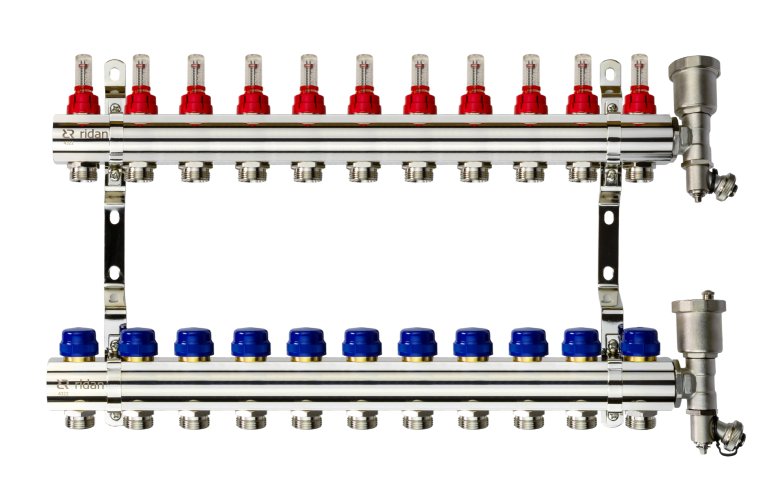 Ridan - 088U0731R - Комплект коллекторов FHF-11RF set с расходомерами, кронштейнами и торцевыми секциями с автоматическими воздухоотводчиками, 11 контуров