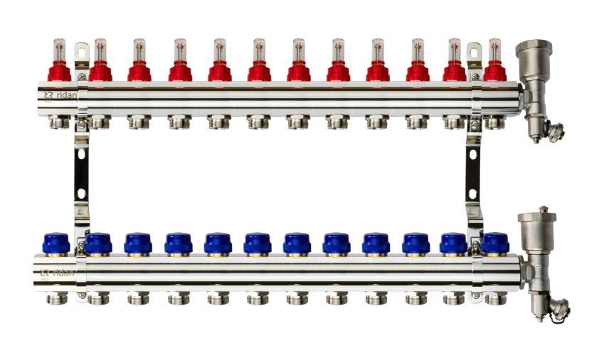 Ridan - 088U0732R - Комплект коллекторов FHF-12RF set с расходомерами, кронштейнами и торцевыми секциями с автоматическими воздухоотводчиками, 12 контуров